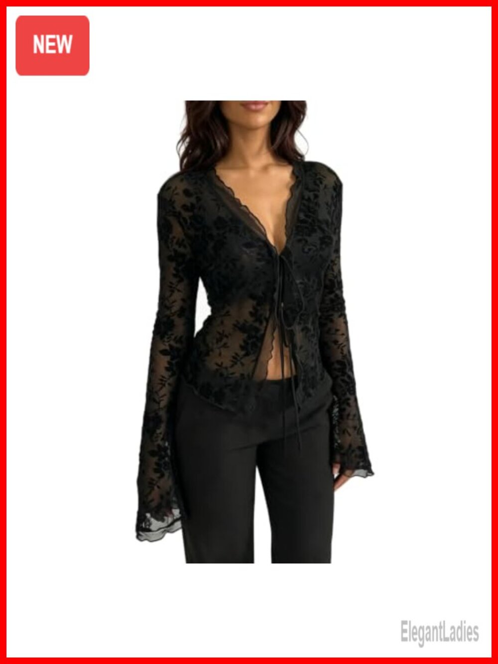 Women Long Sleeve Sheer Lace Mesh Crop Top Leopard V Neck Ruffle Party